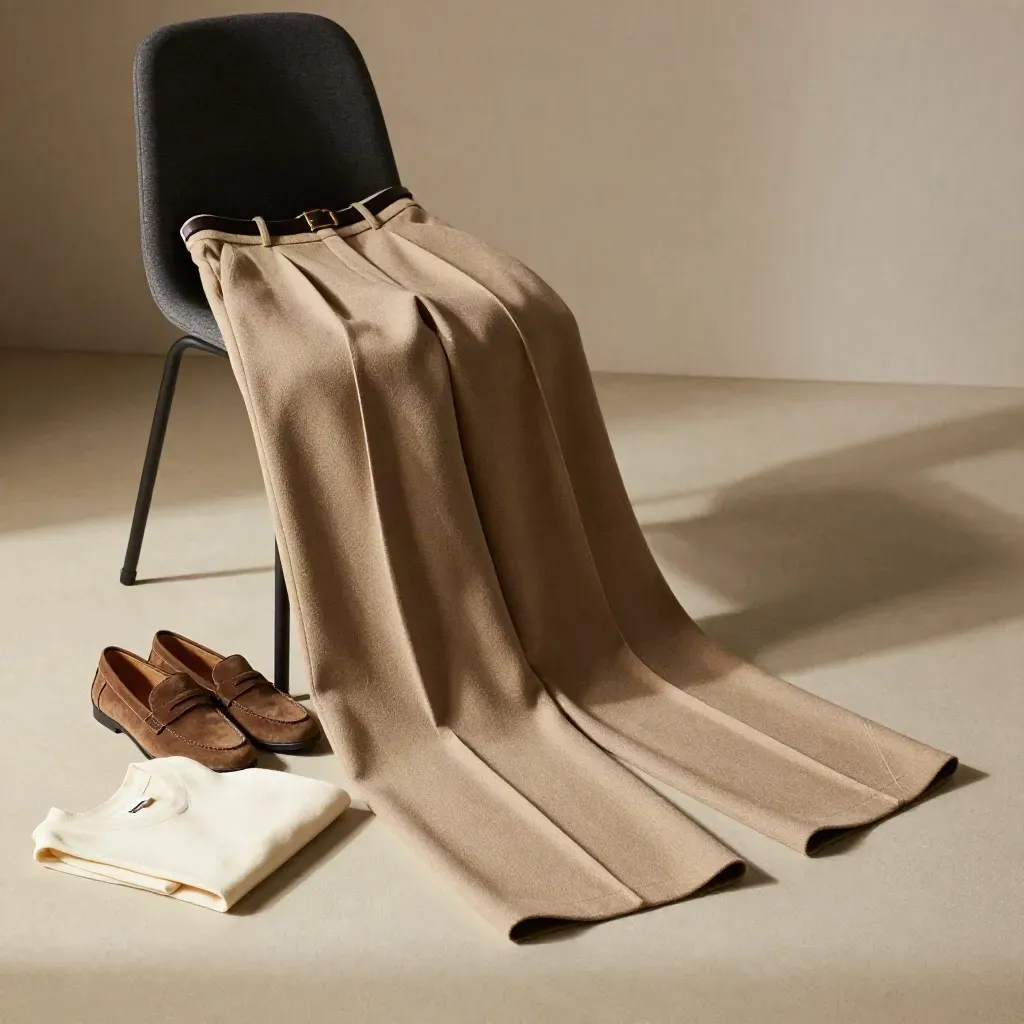 Stone wide-leg pants with loafers and knit tee beside a charcoal chair in soft daylight.
