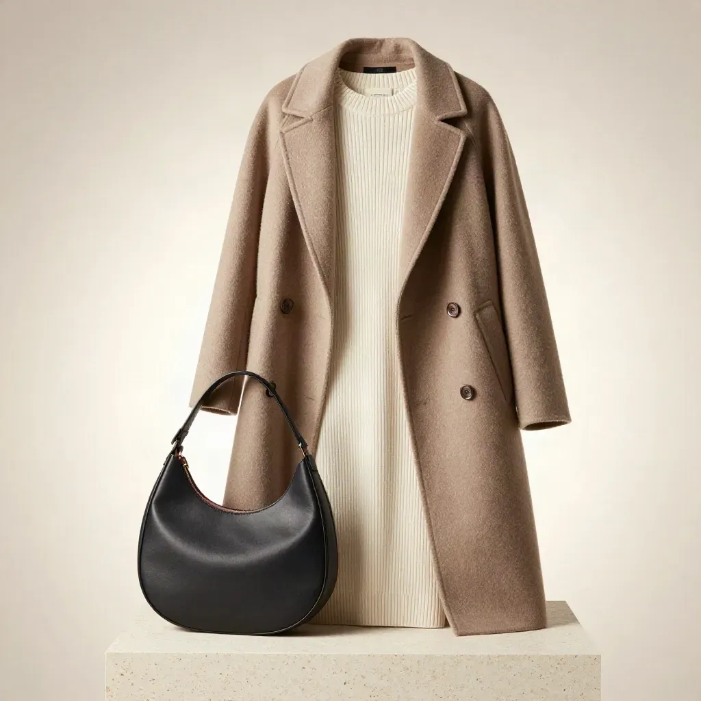Layered women’s fashion pieces in ivory, taupe, charcoal and dusty rose on travertine.