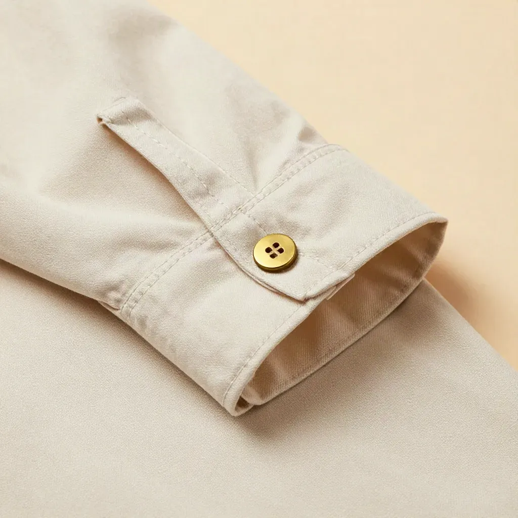 Macro of pale elm shirt fabric, pocket seam, cuff, and brass button in dramatic light.
