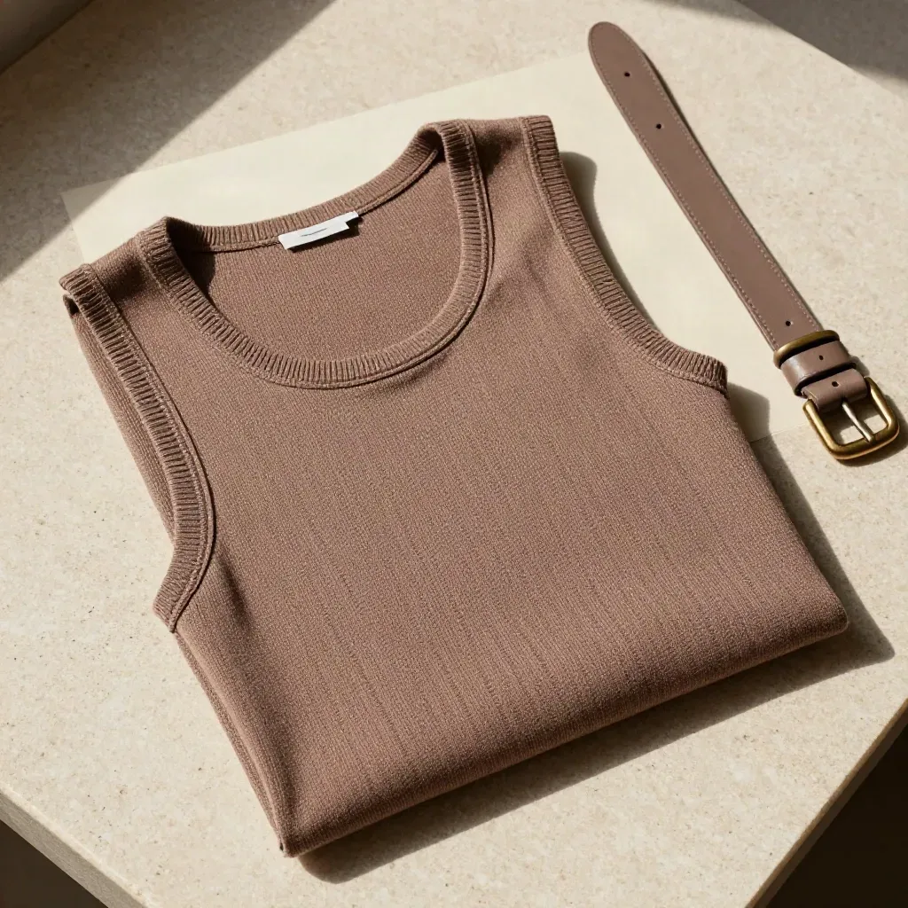 Cocoa rib tank folded on pale travertine beside a taupe cardigan edge and slim belt
