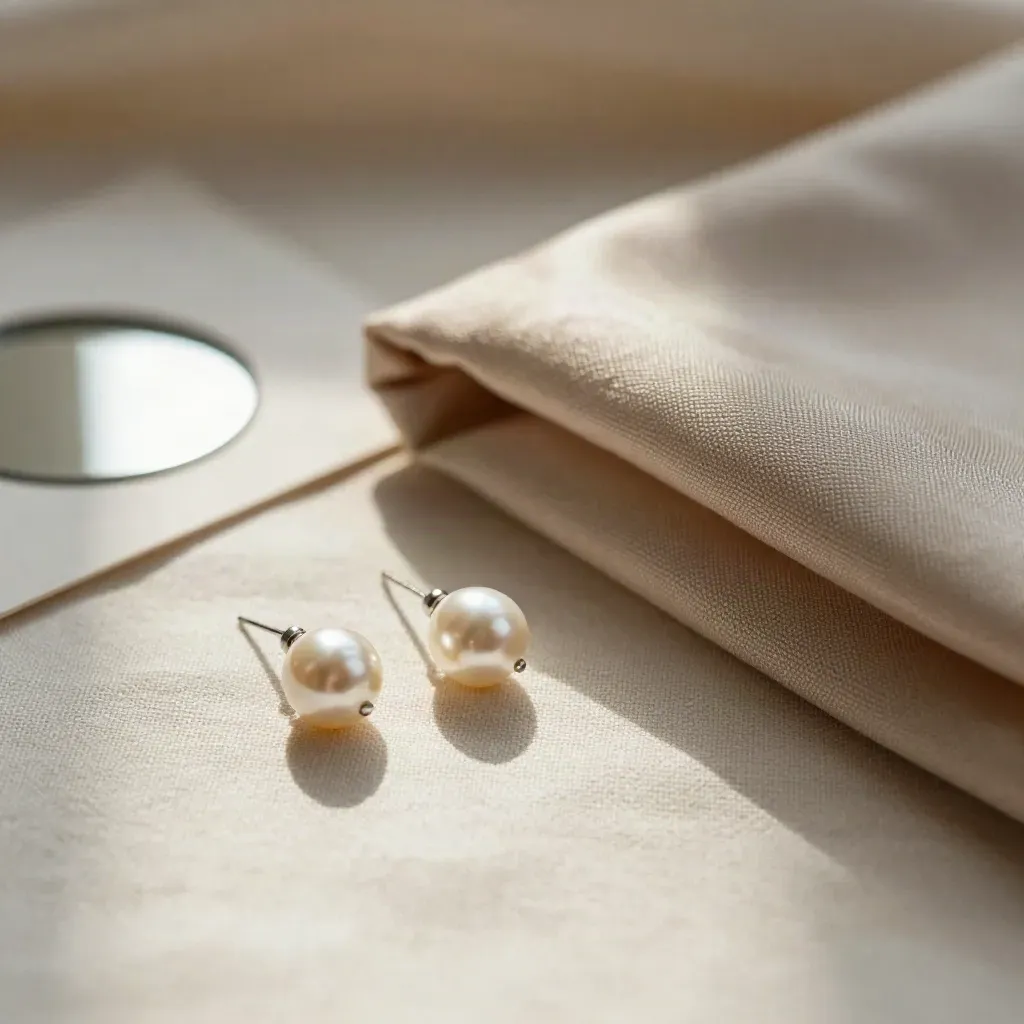 Pearl drop studs beside silk pouch, knit swatch, mirror on cream linen