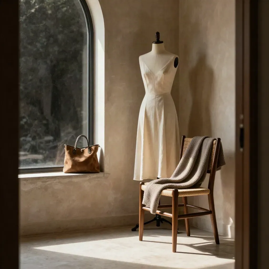 Sunlit atelier corner with dress form, draped knitwear, and open floor space for copy.
