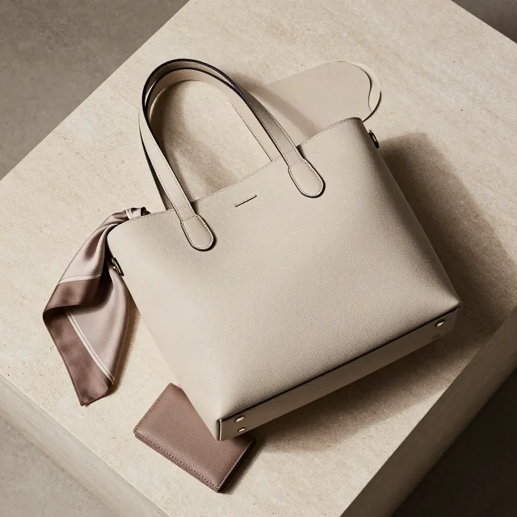 Overhead flatlay of a stone leather tote bag with taupe scarf and wallet on pale stone.