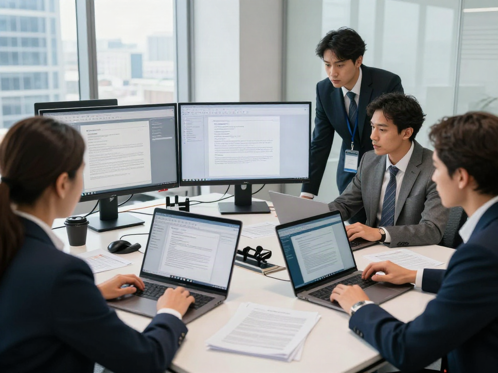 Document fraud detection analysis in a corporate office with a diverse team and digital tools.
